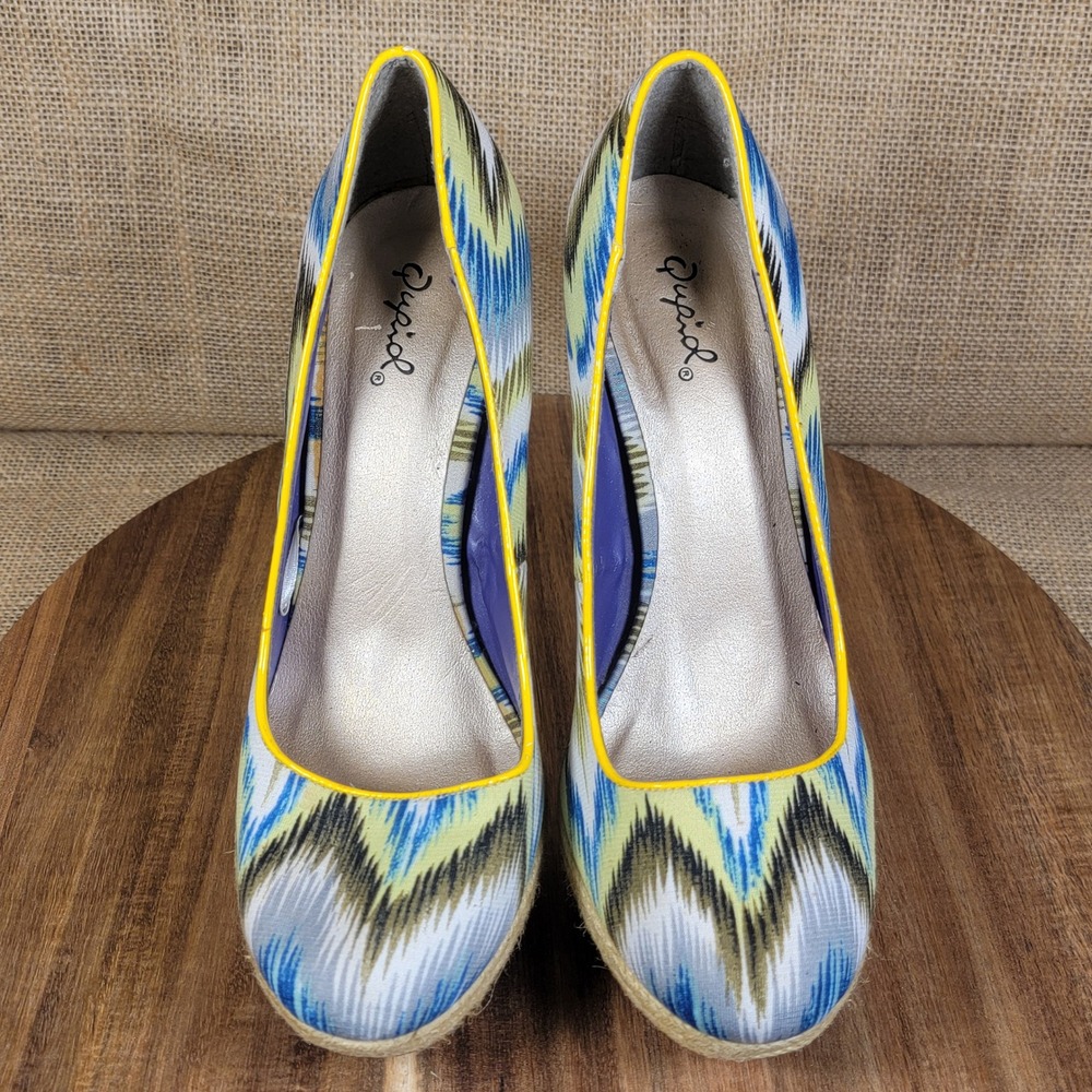 Qupid Platform Heels Blue Yellow White Print Espadrille Pumps Women's‎ Size 9 - Picture 3 of 12